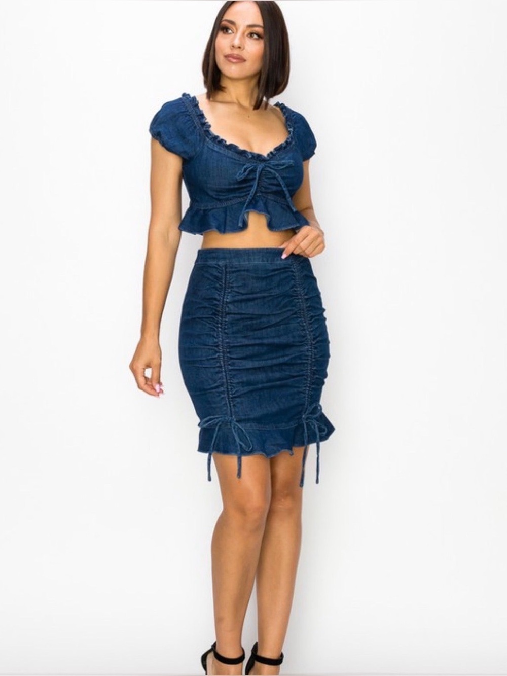 Denim Ruched set - Dark Blue skirt & top